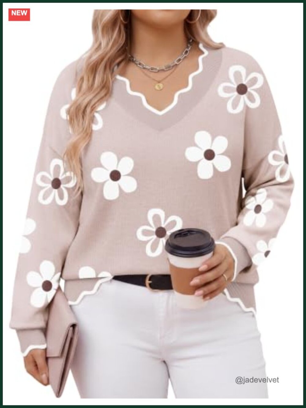 Plus Size V-Neck Floral Sweater Long Sleeve Loose Fit Fall Winter